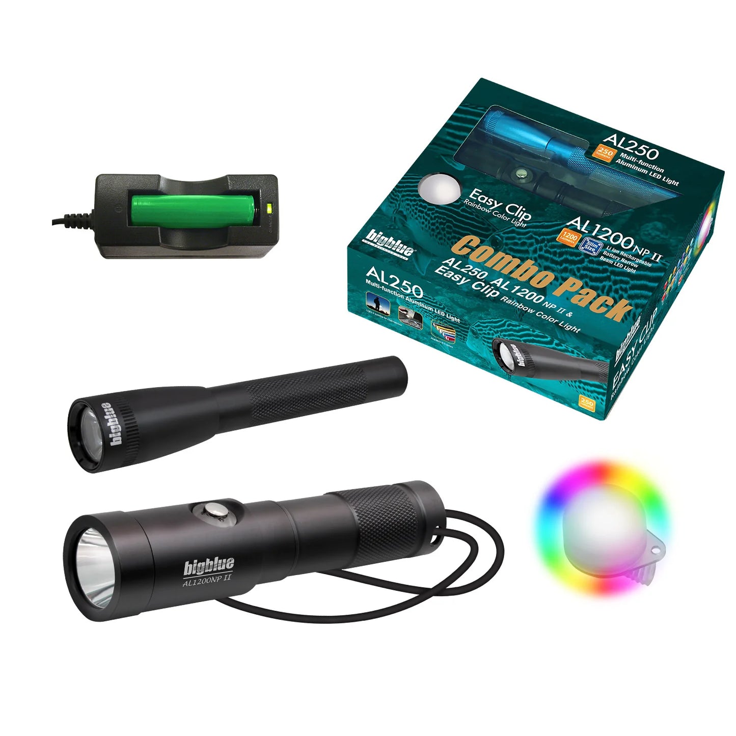 BigBlue Combo Dive Light Pack: AL250, AL1300NP & Easy Clip Rainbow