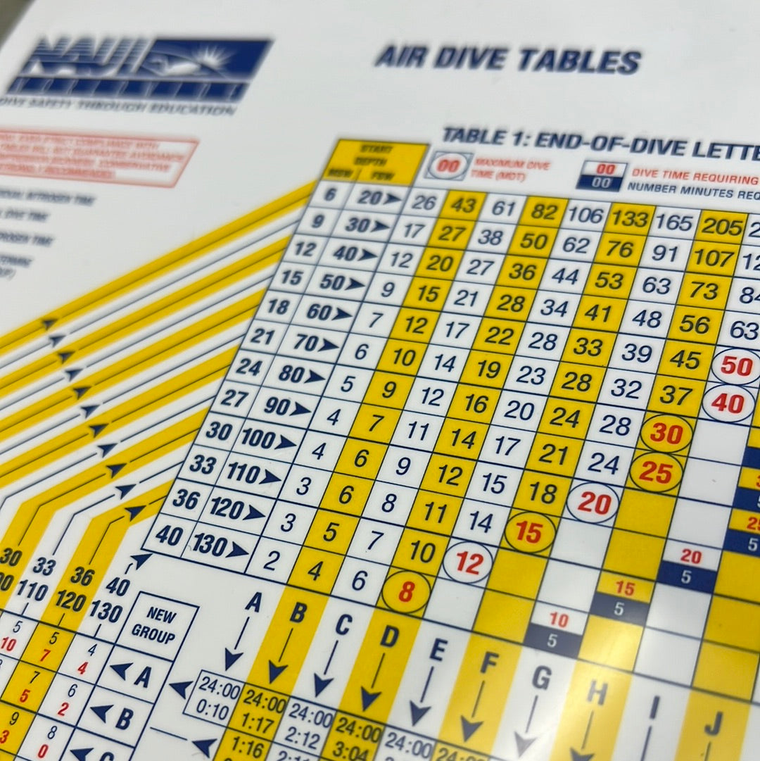 NAUI Scuba Diving Divemaster Air Dive Table Slate. Hollywood Divers