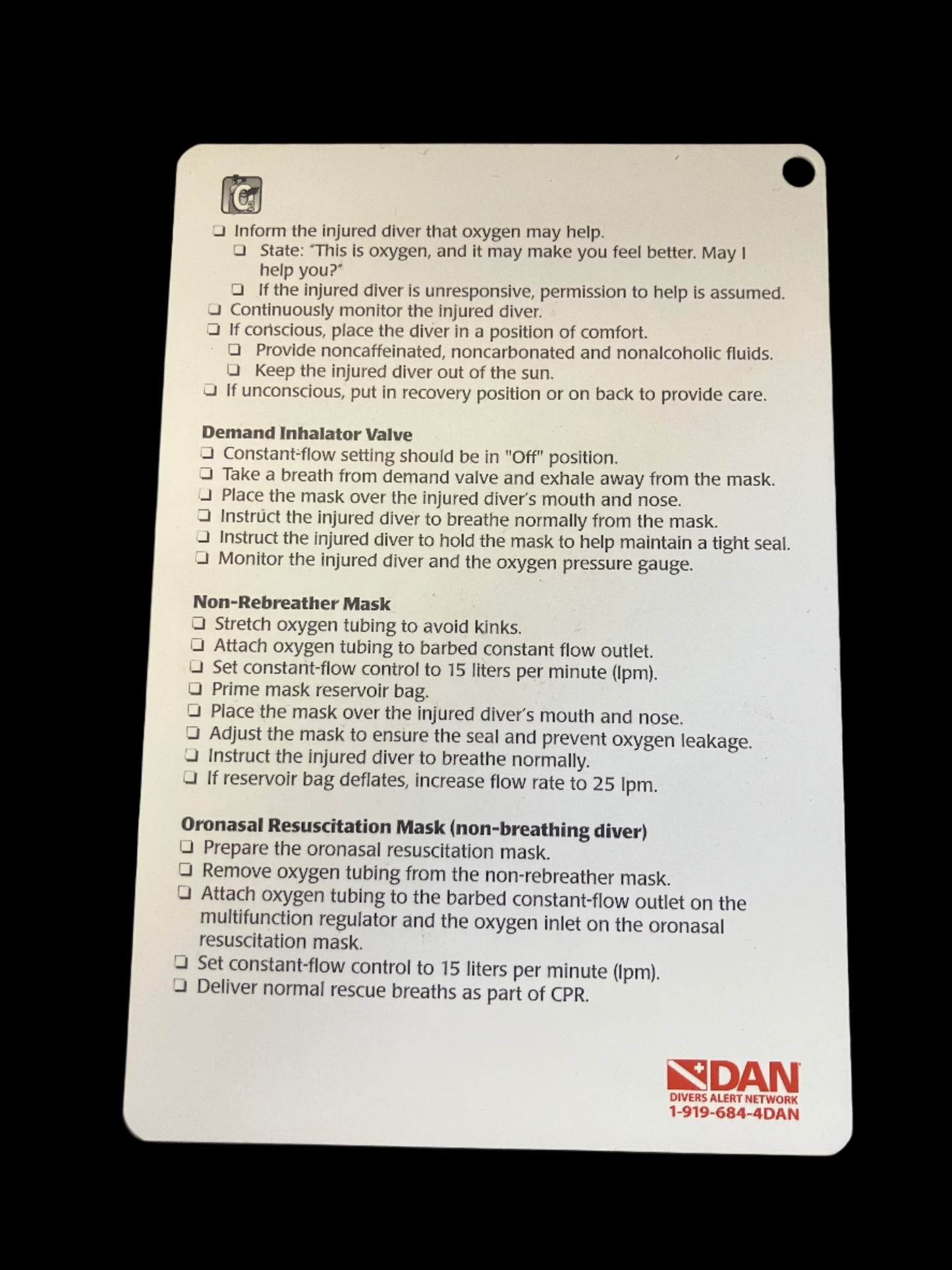 DAN Oxygen First Aid for Scuba Diving Injuries Card