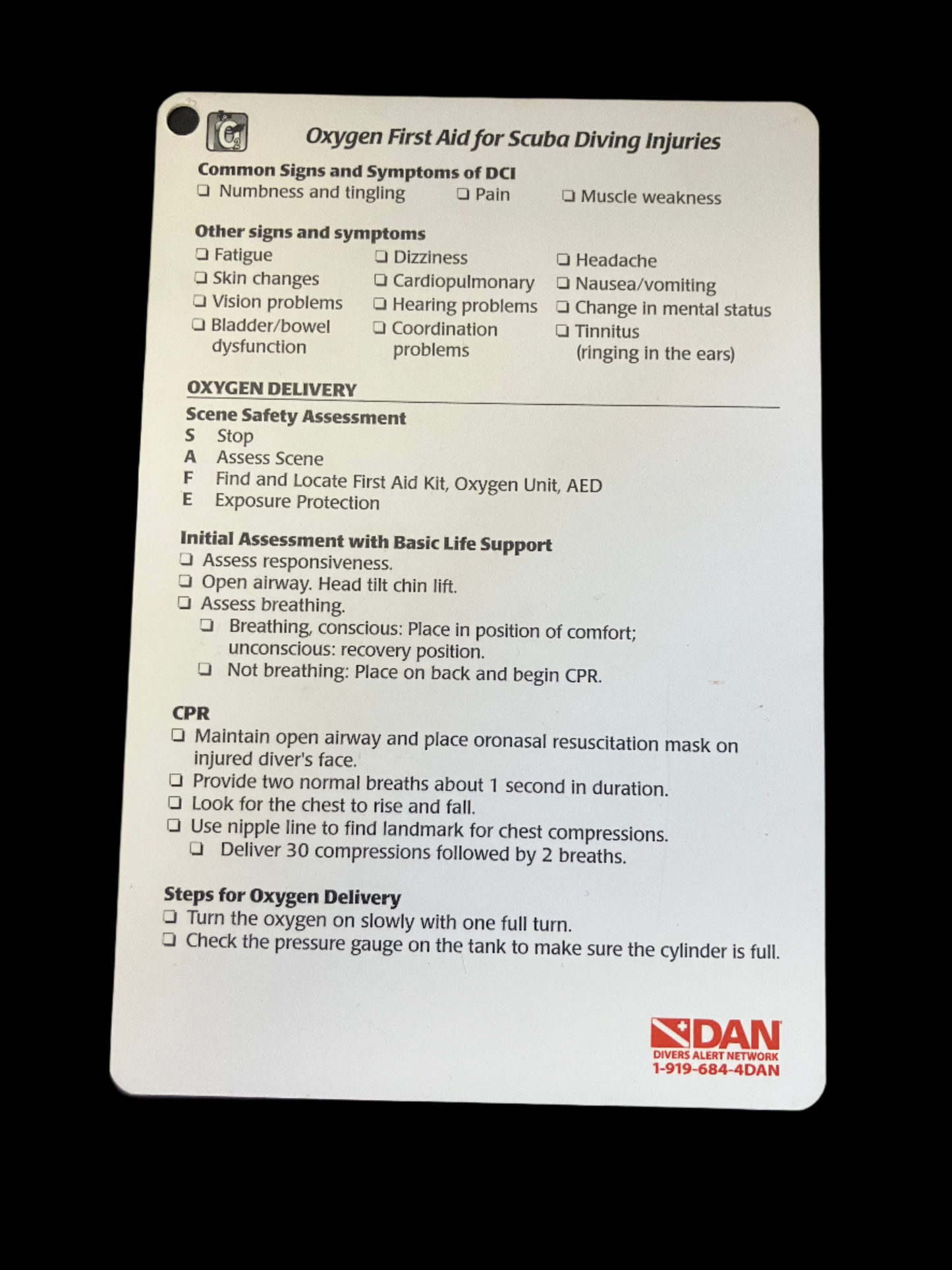 DAN Oxygen First Aid for Scuba Diving Injuries Card