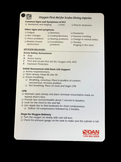 DAN Oxygen First Aid for Scuba Diving Injuries Card