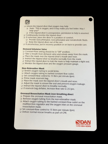 DAN Oxygen First Aid for Scuba Diving Injuries Card