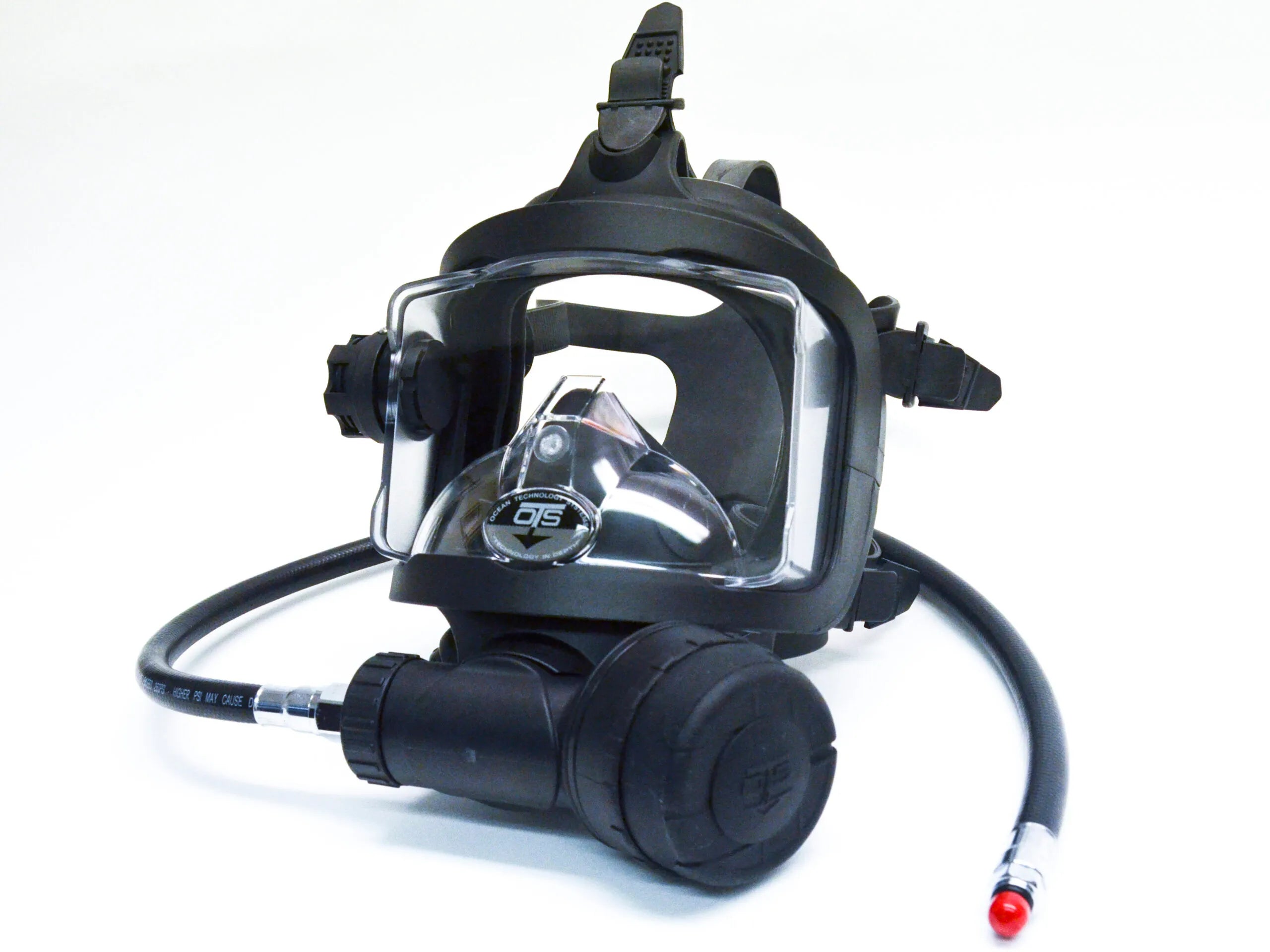 Full-face diving mask with breathing hose on a white background