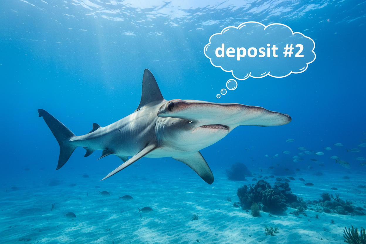 a hammerhead shark with a thought bubble that reads deposit #2