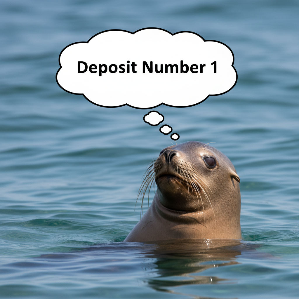 a sealion with a thought bubble that reads deposit number 1