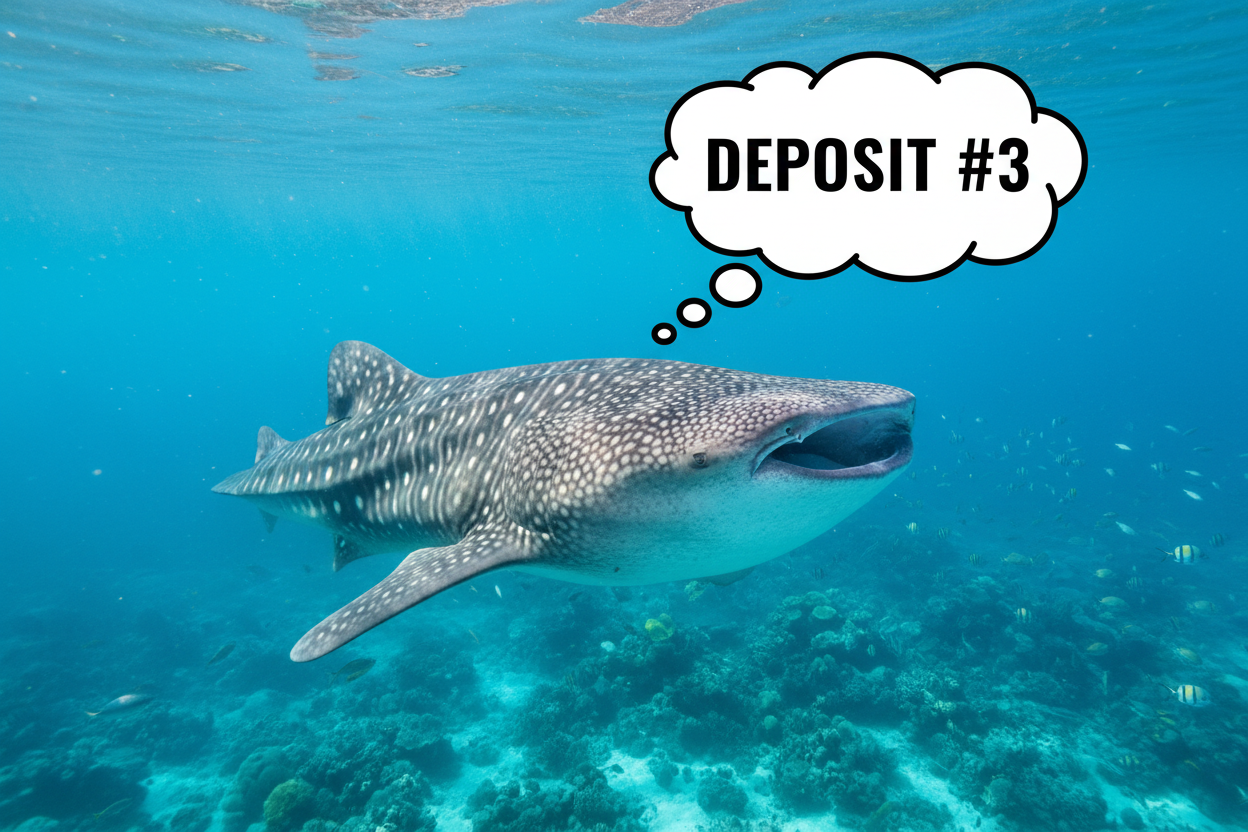 A whale shark with a thought bubble that reads deposit #3
