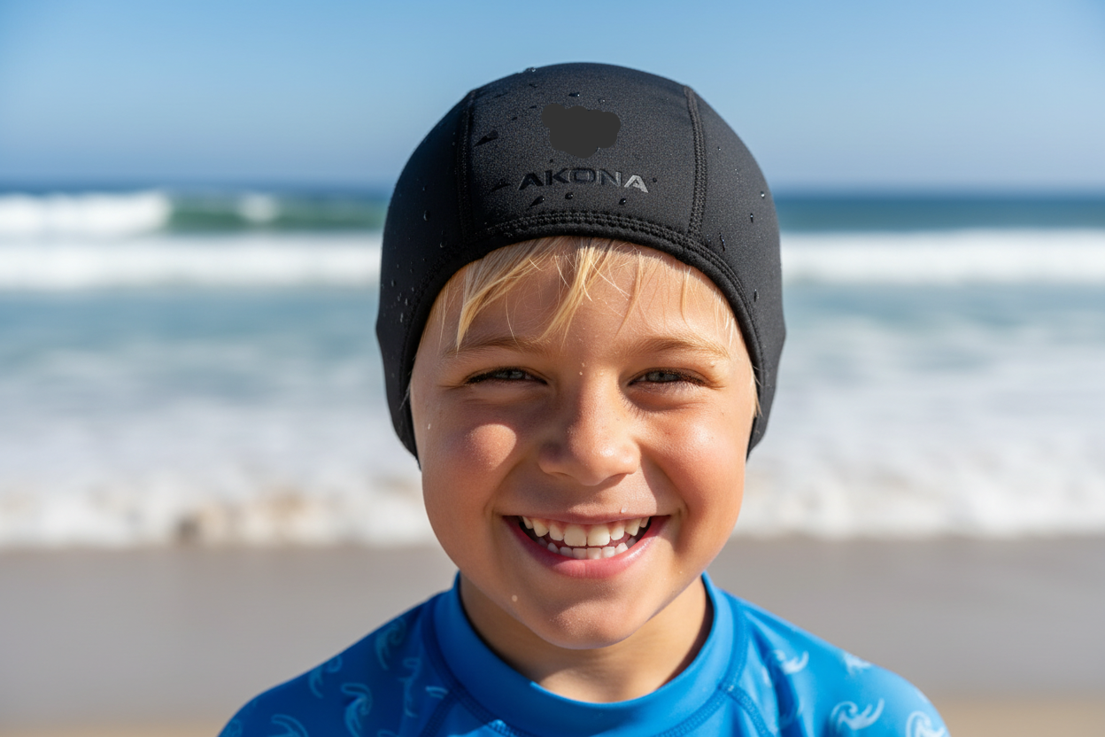 an Akona brand neoprene skull cap on a surfer boy close up big smile